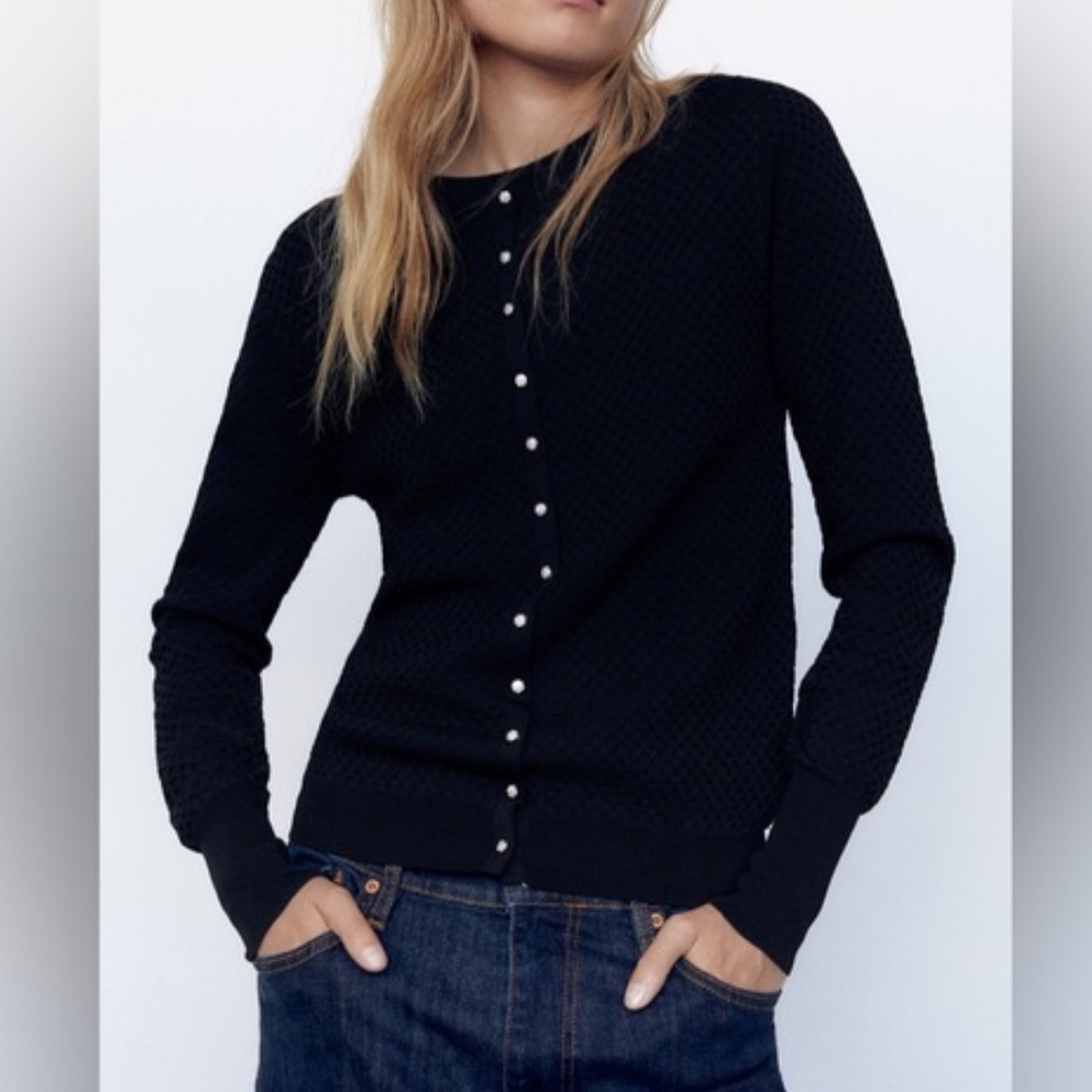 Zara Women's Black Cardigan Sweater Size Large Embellished Buttons